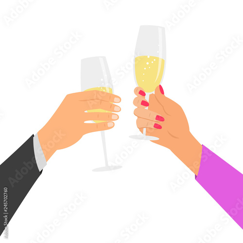Hands holding champagne glasses, celebrating.