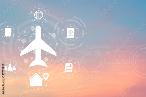 virtual interface of air transportation on blur pastel color sky background for traveling destination and journey concept 