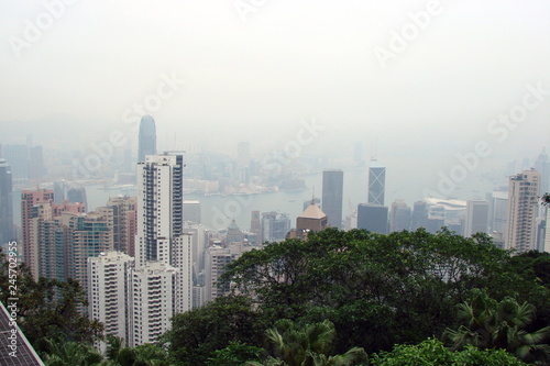 View of the mountain forest on the skyscrapers of the Asian megapolis  which are tightly surrounded by the coast of the Gulf  against the background of the cloudy spring sky.