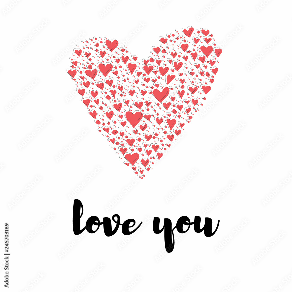Vector valentine day card design with multiple hearts in the from of a big heart with love you phrase . Offest color on white background