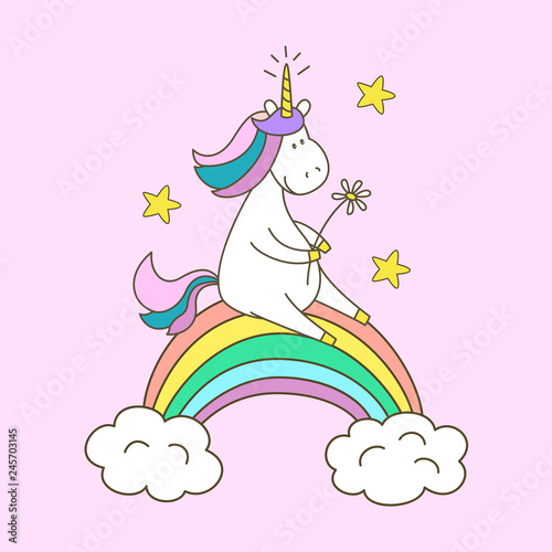Illustration  with cute unicorn on pink background.