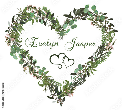 Valentine greeting card, invite card. Herbs, eucalyptus,  forest fern, brunia, waxflower. Natural, branches boxwood, buxus. For wedding invitations, vignettes, postcards