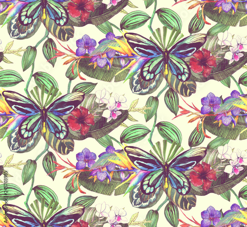 Tropical seamless pattern with banana leaves  orchid  hibiscus  tropical butterfly. Hand drawn watercolor illustration