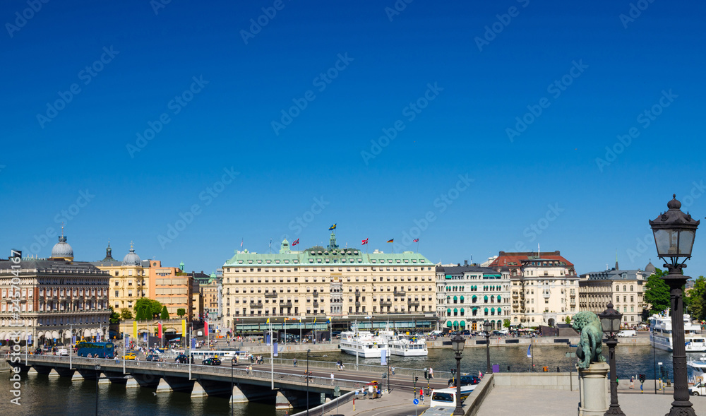Aerial panoramic view of bridge, lion monument, Stockholm, Sweden