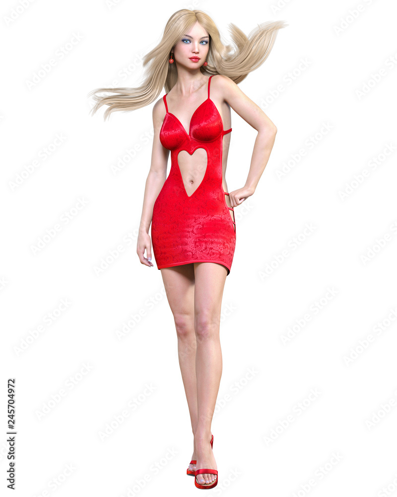 Beautiful blonde woman in red short mini dress with heart.Summer clothes collection.Bright makeup.Woman studio photography.Conceptual fashion art.Seductive candid pose.Femme fatale.3D Render. Beautiful blonde woman in red short mini dress with heart.Summer clothes collection.Bright makeup.Woman studio photography.Conceptual fashion art.Seductive candid pose.Femme fatale.3D Render.