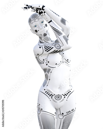 Robot woman. White metal droid. Android girl. Artificial Intelligence. Conceptual fashion art. Realistic 3D render illustration. Studio  isolate  high key.