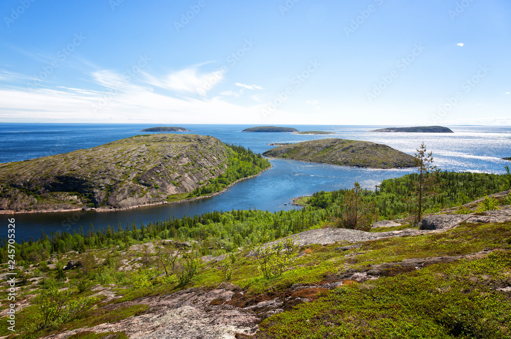 Fototapeta premium Kuzova Island archipelago in the White Sea, view from the top of the island German Kuzov