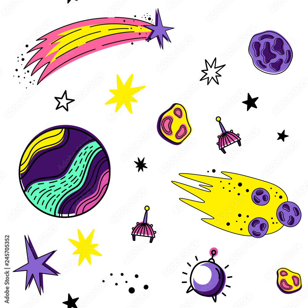 Fototapeta premium Color vector seamless pattern with space elements. Doodle style. Planets, meteorites, stars, comets, rockets, satellites