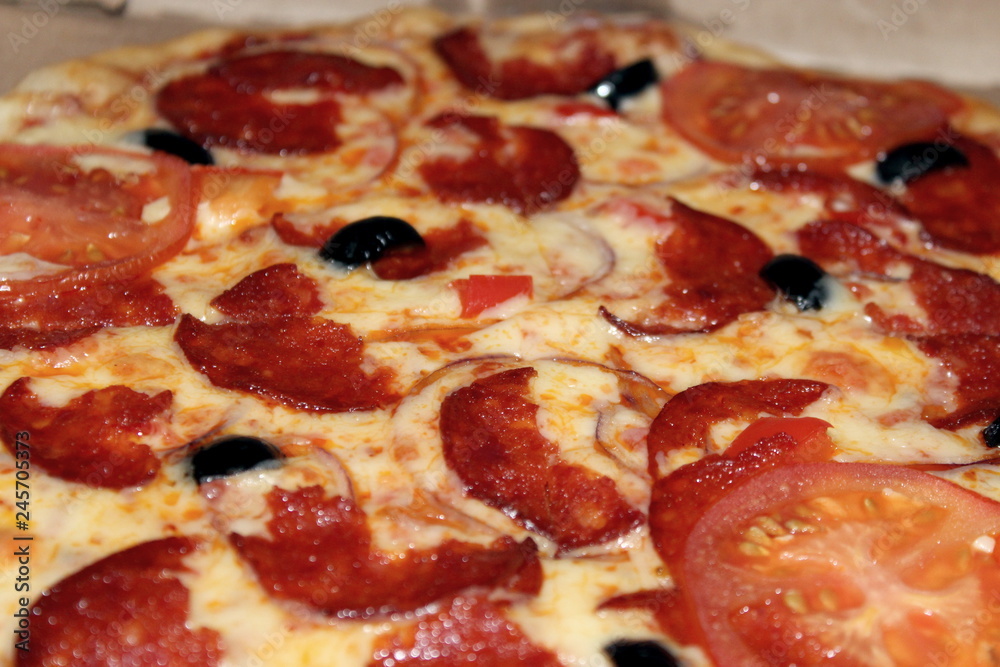 Diablo pizza with olives, smoked sausage Diablo pizza with olives, smoked sausage