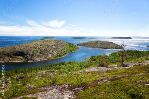 Kuzova Island archipelago in the White Sea, view from the top of the island German Kuzov