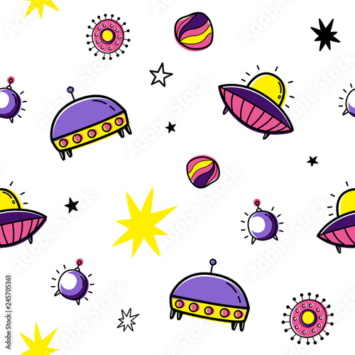 Color vector seamless pattern with space elements. Doodle style. UFO, meteorites, stars, satellites