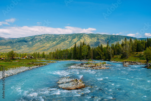 The Altai landscape with mountain river and green rocks, Siberia, Altai Republic, Russia