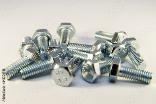 Bolts, metal screw or bolt on white background.