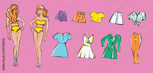 Paper doll with different dresses. Vector illustration, pop art colours