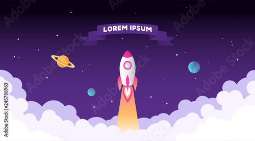 Rocket launch, planets, clouds, ribbon for text. Vector illustration