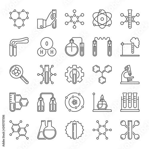 Vector set of chemical laboratory equipment outline concept icons or signs