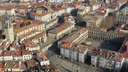 Aerial view of cityscape of Vitoria-Gasteiz, capital city of the Basque Autonomous Community, beautiful historic square Andre Maria Zuria/Virgen Blanca from above - landscape panorama of Spain, Europe photo