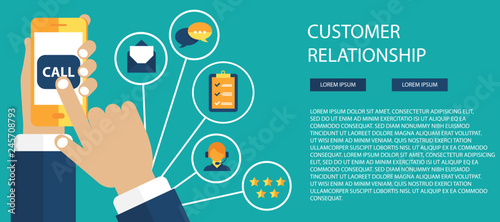 Business customer care service concept. Icons set of contact us, support, help, phone call and website click. Man sitting on the floor and holding lap top with telephone by his side. Flat vector