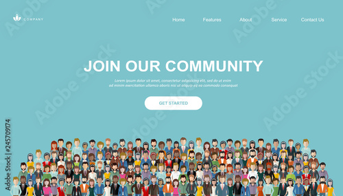 Join our community. Crowd of united people as a business or creative community standing together. Flat concept vector website template and landing page design for invitation to summit or conference