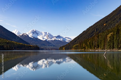 High snowy peaks mirrored on Duffey Lake BC Canada