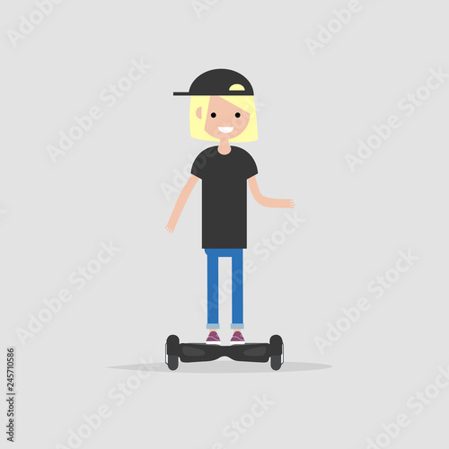 young character riding on hoverboard. Vector flat cartoon illustration