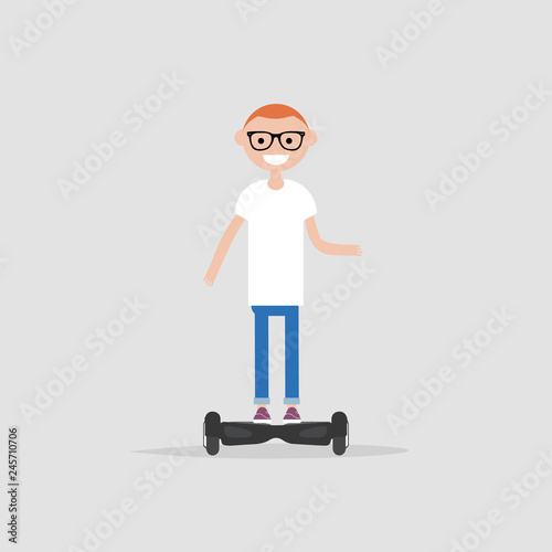young character riding on hoverboard. Vector flat cartoon illustration