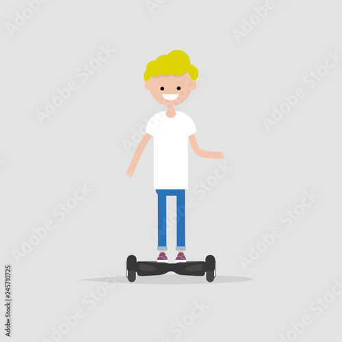 young character riding on hoverboard. Vector flat cartoon illustration