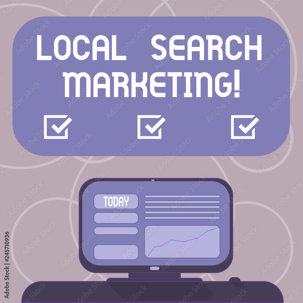 Word writing text Local Search Marketing. Business concept for Physical business Facetoface contact with customers Mounted Computer Screen with Line Graph on Desk Blank Color Text Box