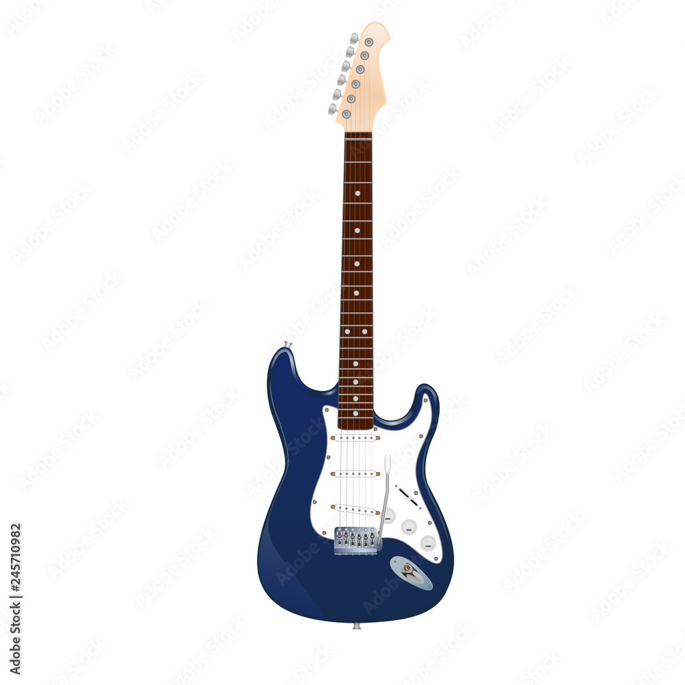 electric blue guitar with white pickguard on white background