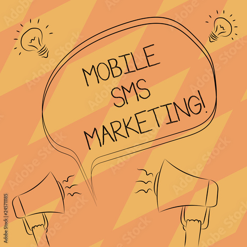 Text sign showing Mobile Sms Marketing. Conceptual photo campaign that interact with your customers via text Freehand Outline Sketch of Blank Speech Bubble Megaphone Sound Idea Icon