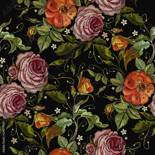 Embroidery beautiful red roses and pink peonies seamless pattern. Fashionable template tapestry flowers renaissance. Template for clothes, t-shirt design