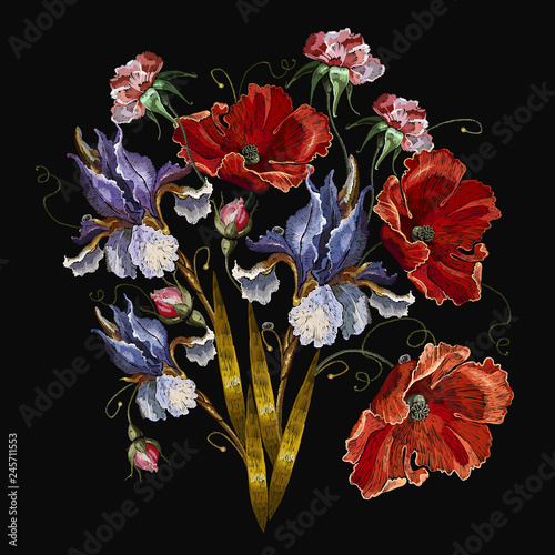 Fototapeta Naklejka Na Ścianę i Meble -  Blue irises and red poppies bouquet of spring flowers. Embroidery medieval renaissance style. Fashion art nouveau template for clothes, t-shirt design