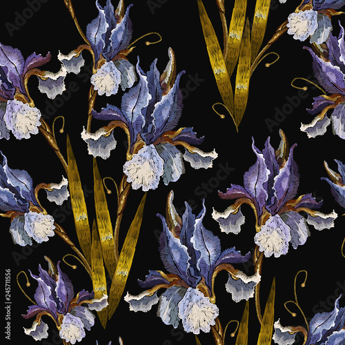 Fototapeta Naklejka Na Ścianę i Meble -  Beautiful spring irises, embroidery seamless pattern. Renaissance art. Fashion art nouveau template for clothes, t-shirt design