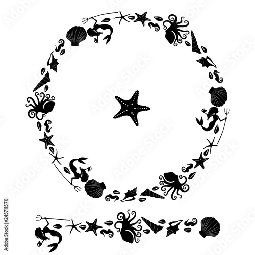 Wreath and seamless brush from sea star, sea horse, conch shell