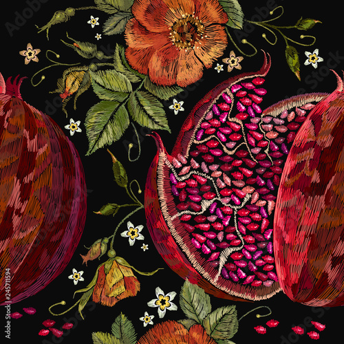 Embroidery seamless pattern with pomegranate fruits and wild red roses. Template for clothes, t-shirt design, textile
