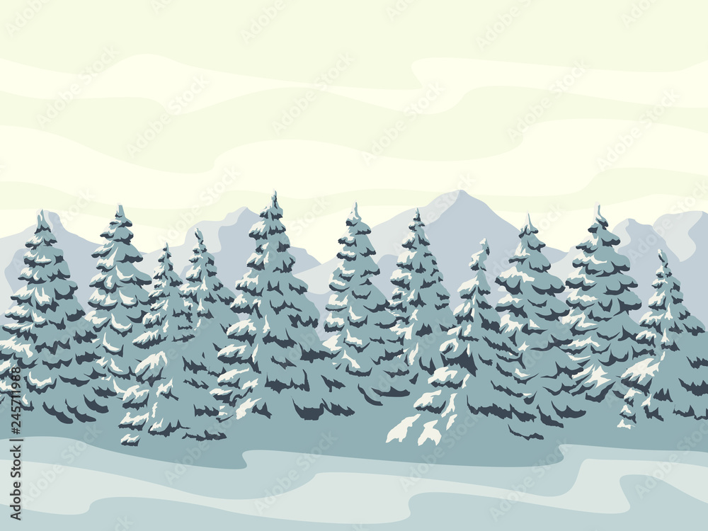 Obraz premium Horizontal illustration of winter forest with mountains.