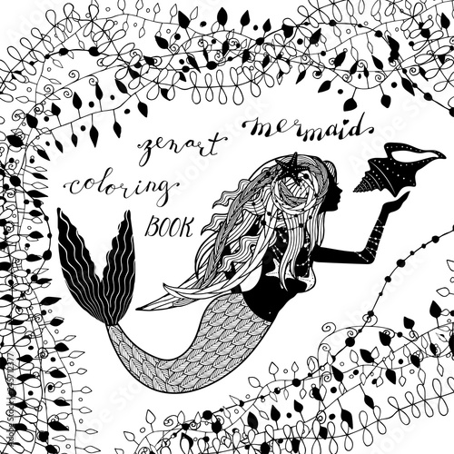 silhouette of mermaid holding conch shell