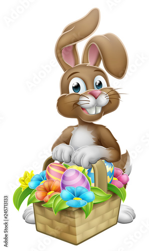 An Easter bunny rabbit cartoon character with a basket on an Easter egg hunt