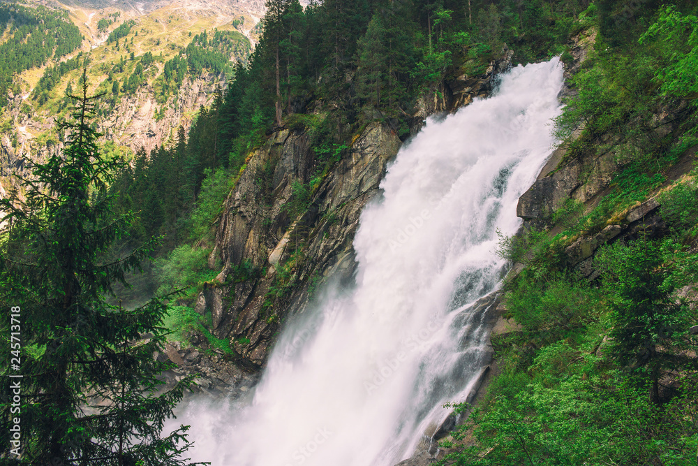 View Alpine inspiring Krimml waterfall in mountains
