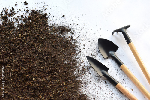 Gardening equipment. Seeding or planting a plant on soil background. Natural background for advertisements.