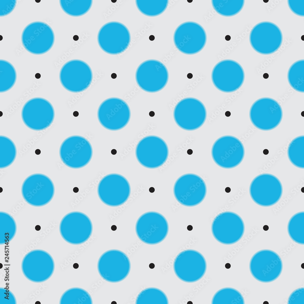 Seamless pattern of blurred blue and black polka dots