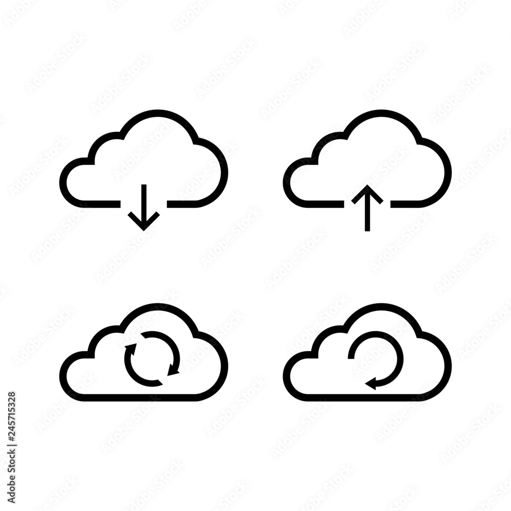 Vector illustration of cloud computing icon set, sign and symbol. Cloud upload, download, synchronization and refresh. Vector illustration of cloud computing icon set, sign and symbol. Cloud upload, download, synchronization and refresh.
