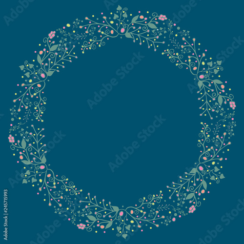Plants and berries - scribble. Round frame. Hand drawing on blue background. Raster for textiles, clothes, dishes, packaging.