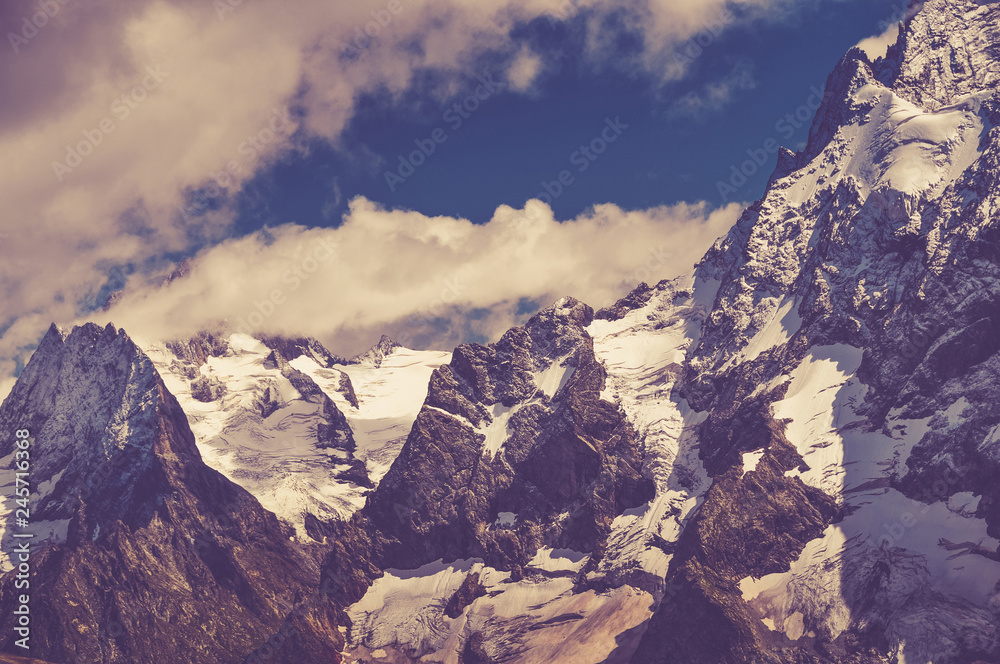 Closeup mountains scenes in national park Dombai, Caucasus, Russia