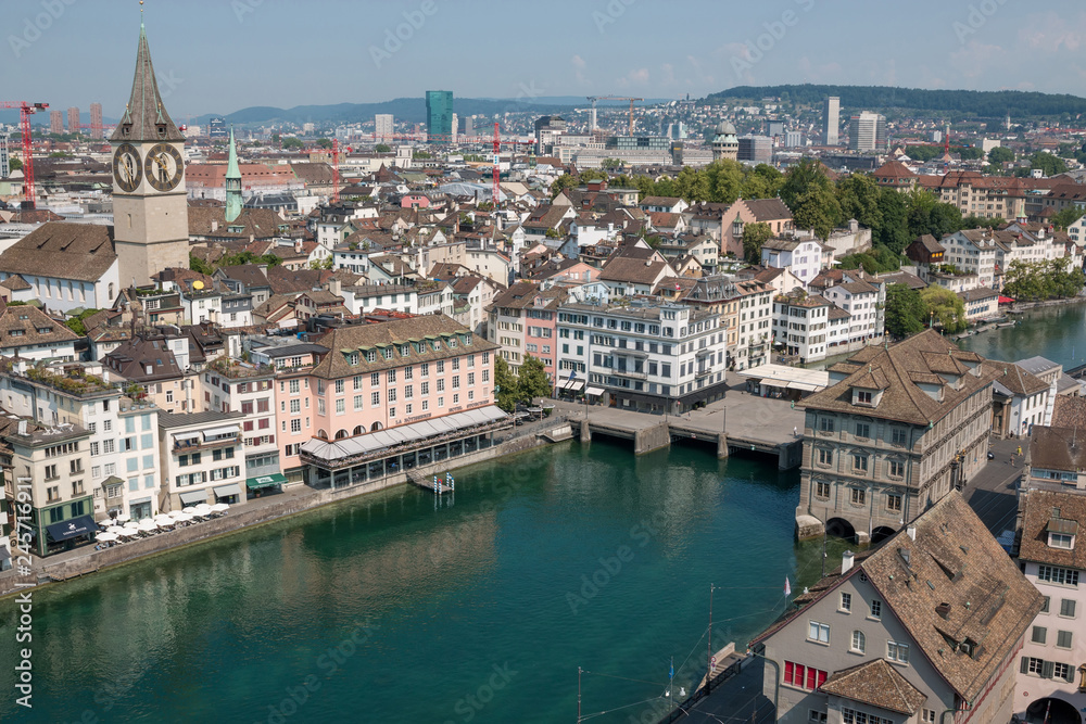 Aerial view of historic Zurich city center and river Limmat