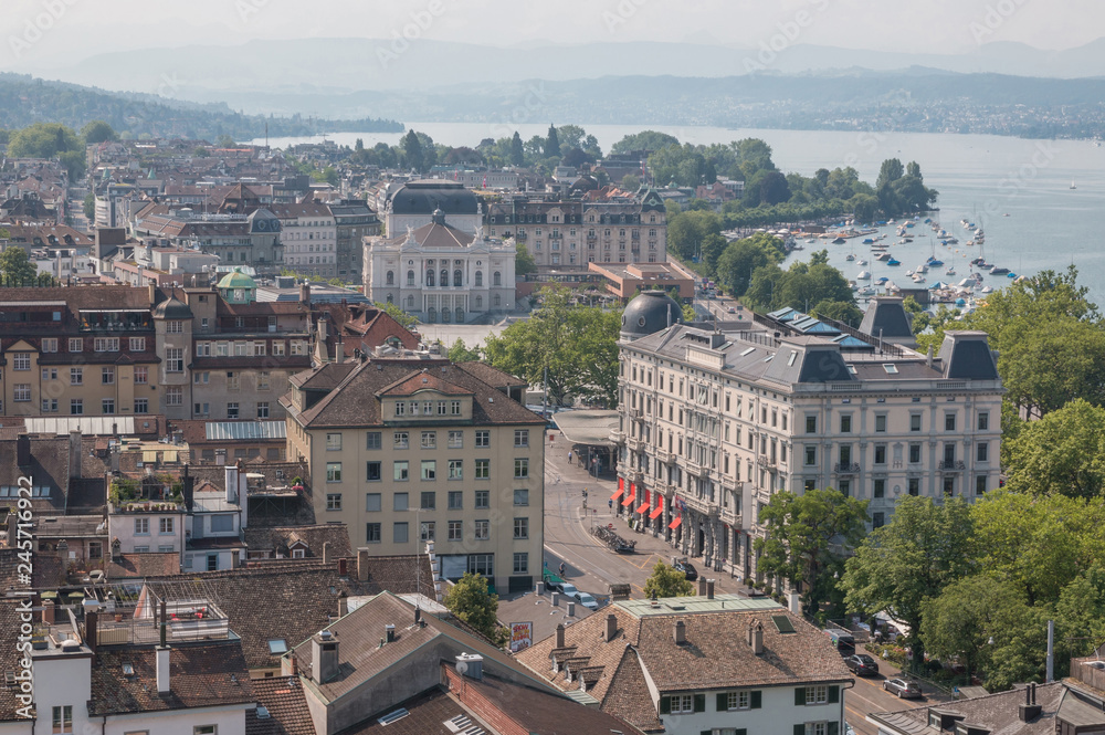 Aerial view of historic Zurich city center with Opera house and lake