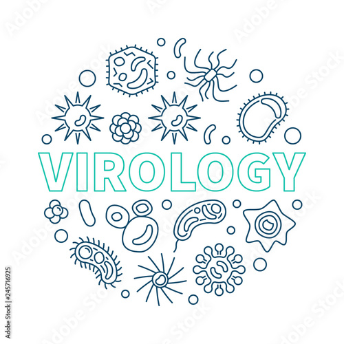 Virology round creative vector concept biology illustration in thin line style made with microbes and viruses icons