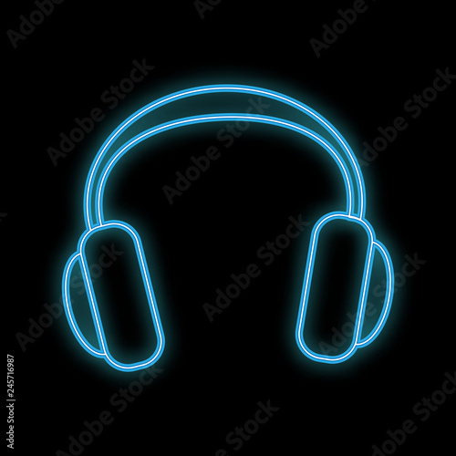 Beautiful abstract neon bright glowing icon, full-size signboard with music headphones and copy space on black background. Vector
