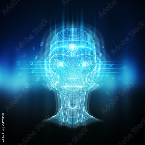 Intelligent machine with a robotic cyborg head concept 3D rendering