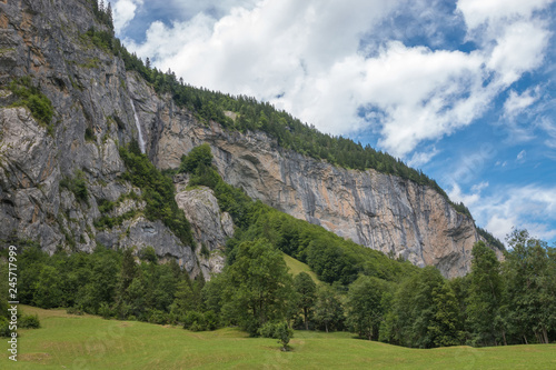 View valley of waterfalls in city Lauterbrunnen, Switzerland, Europe